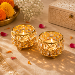 Gold Crystal Glass Diya - 2 - SweeDesi