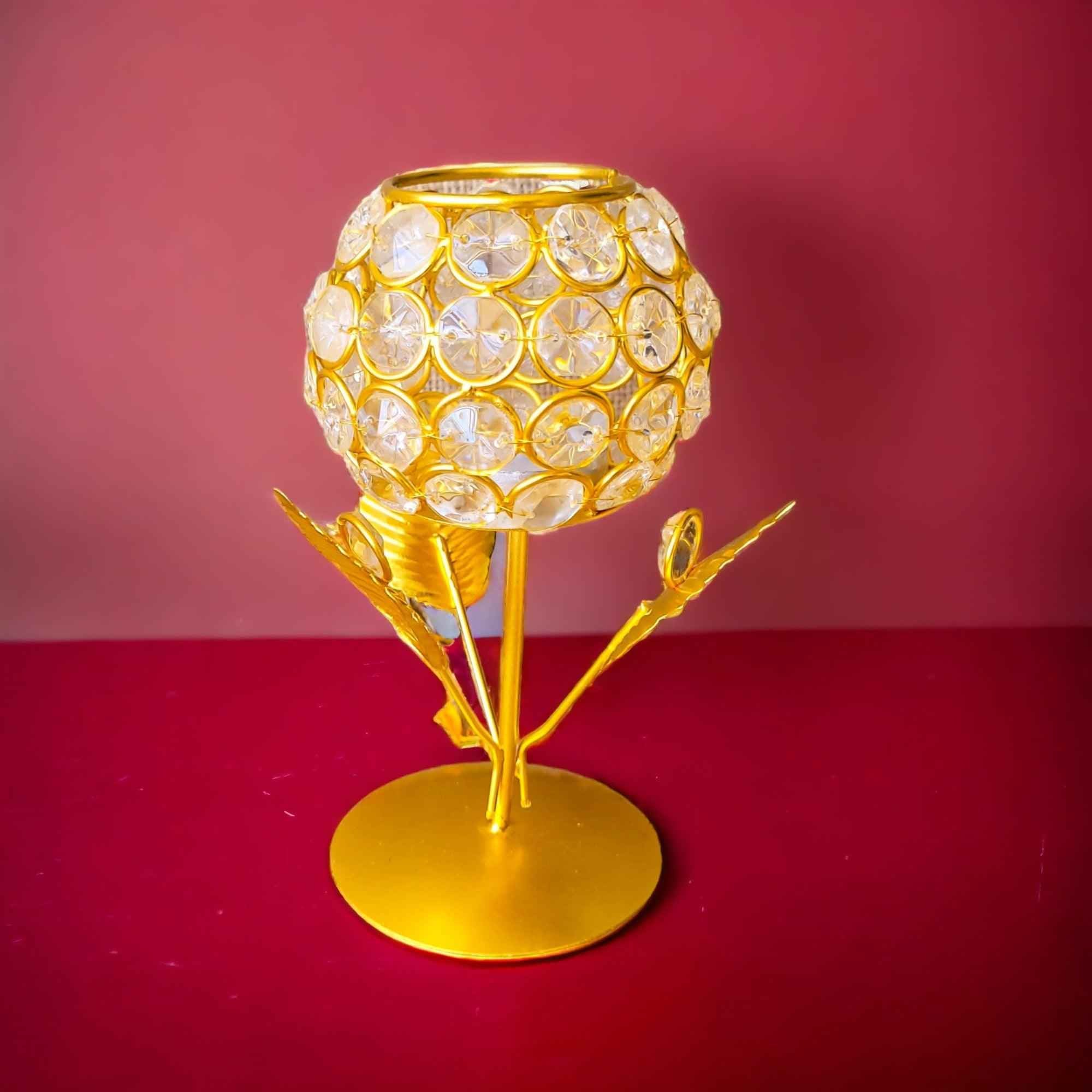 Gold Crystal Flower Glass Tea-Light Holder