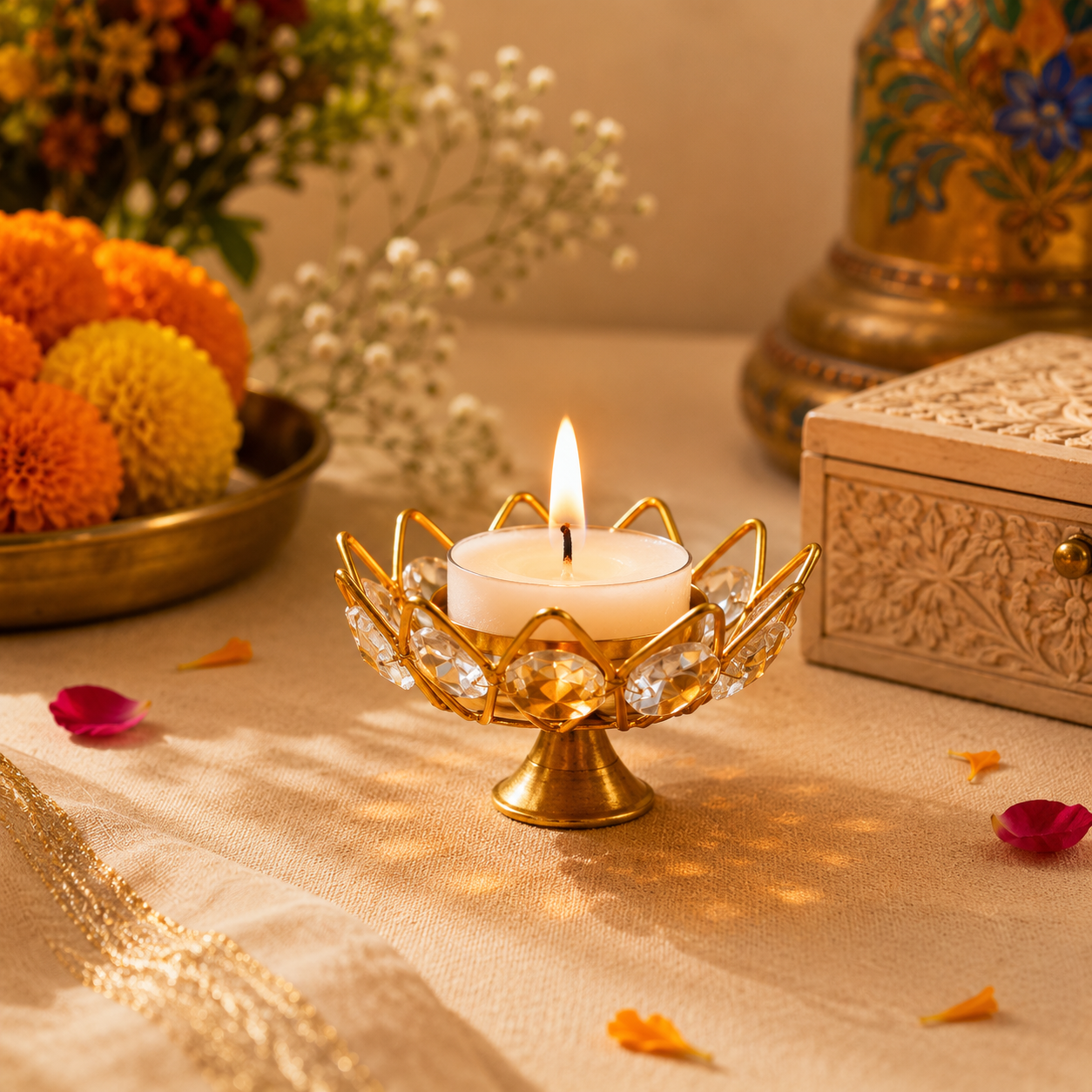 Gold Crystal Glass Diya - 2 - SweeDesi