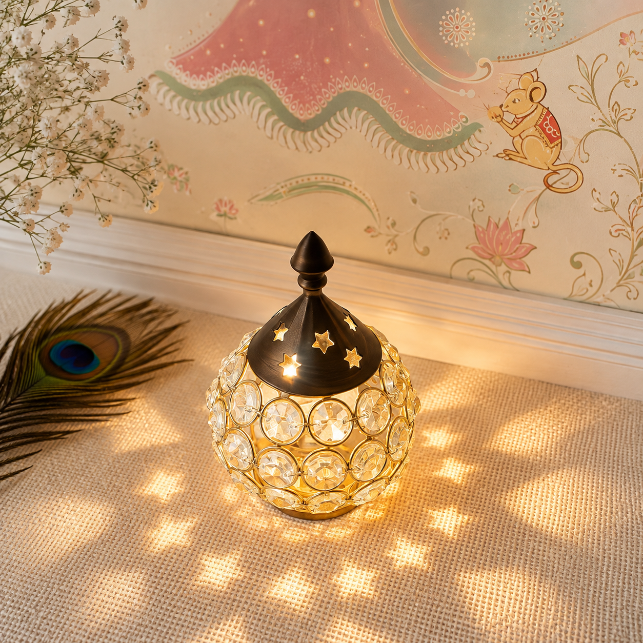 Gold Crystal Flower Glass Diya Holder - SweeDesi
