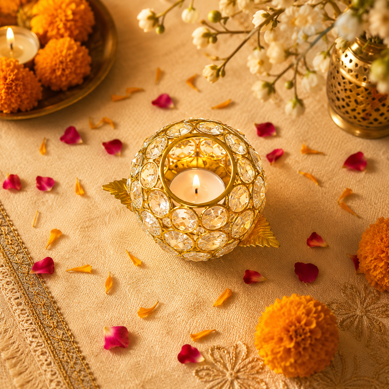 Gold Crystal Flower Glass Tea-Light Holder - SweeDesi
