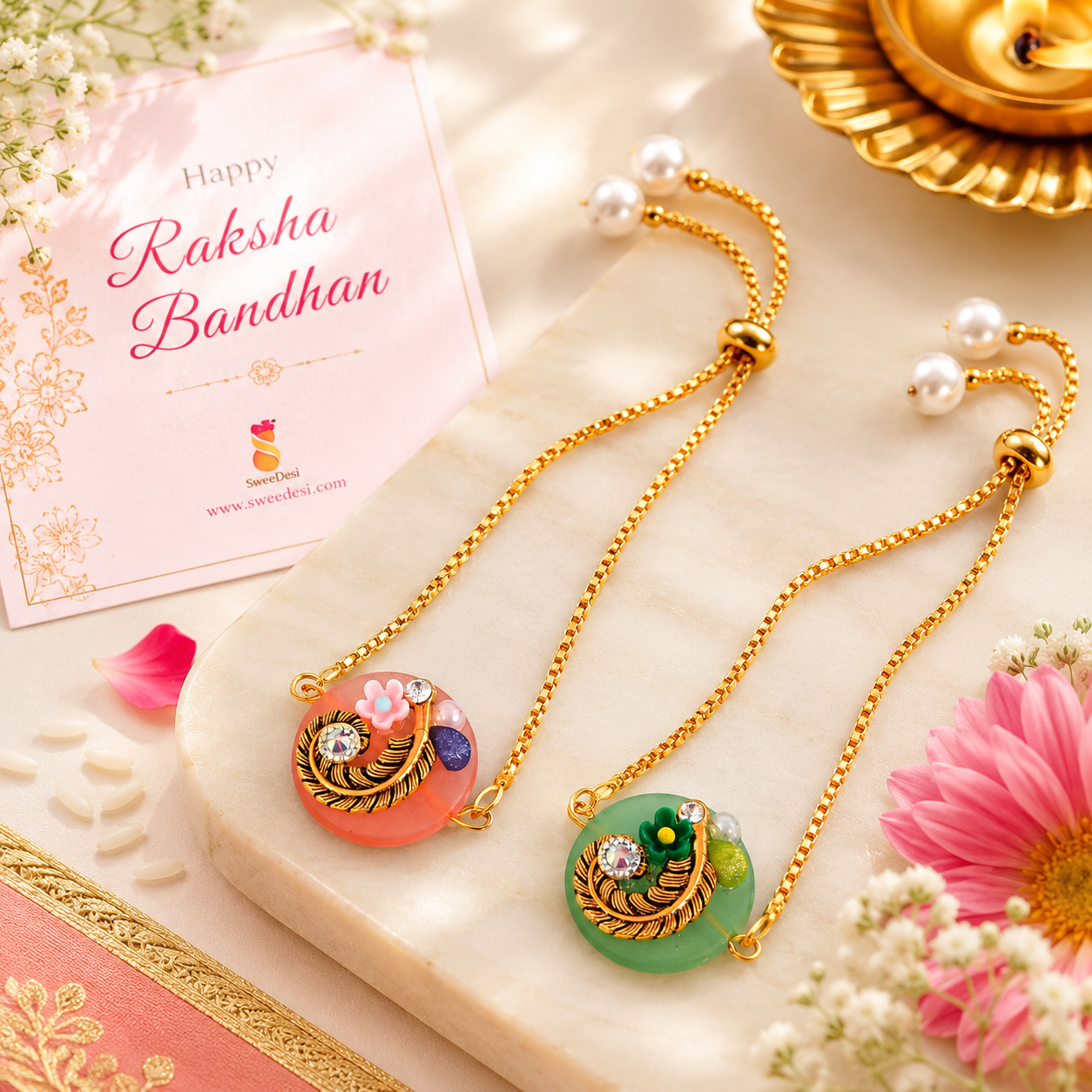 Bandhan Round Stone Rakhi - Set of 2 - SweeDesi