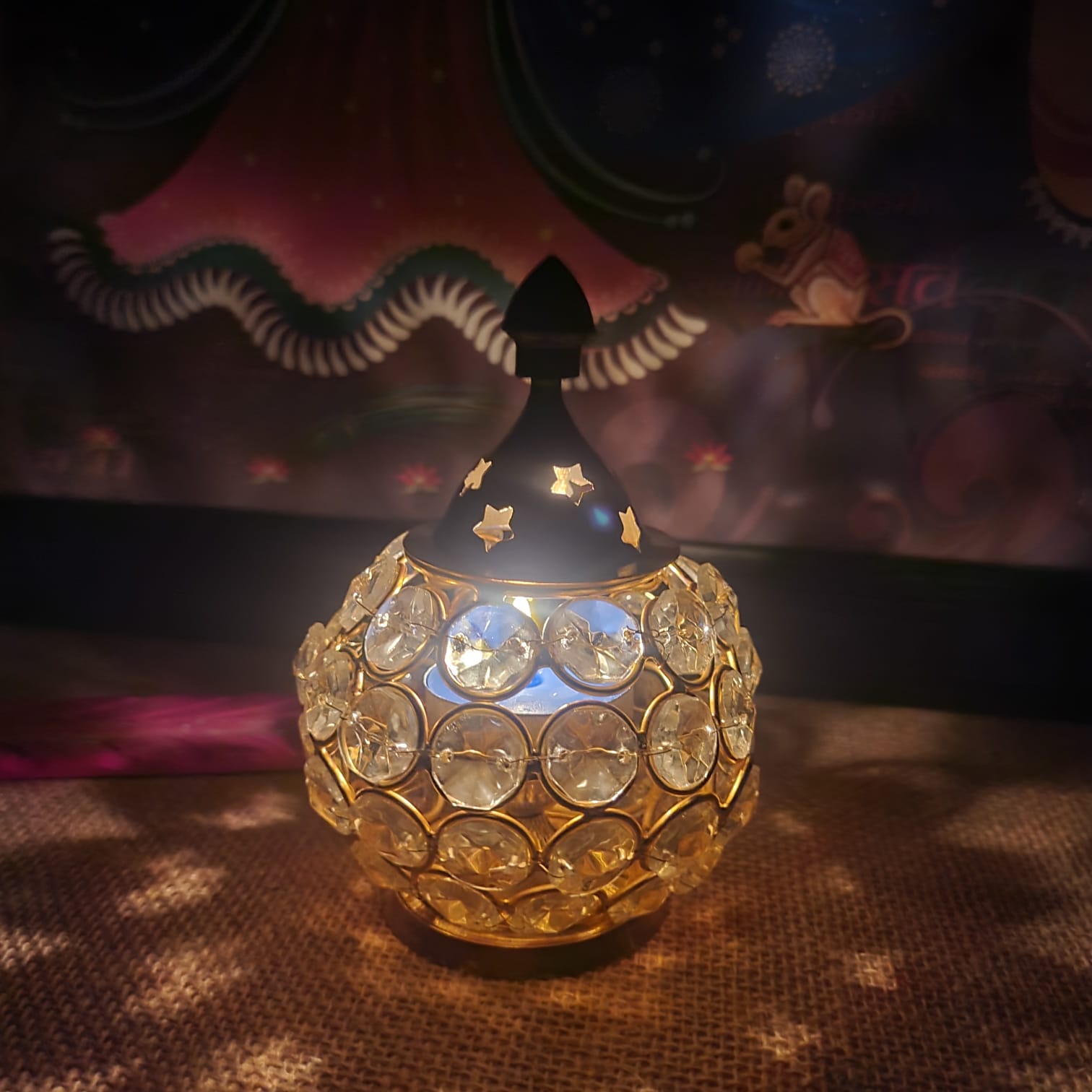 Gold Crystal Flower Glass Diya Holder - SweeDesi
