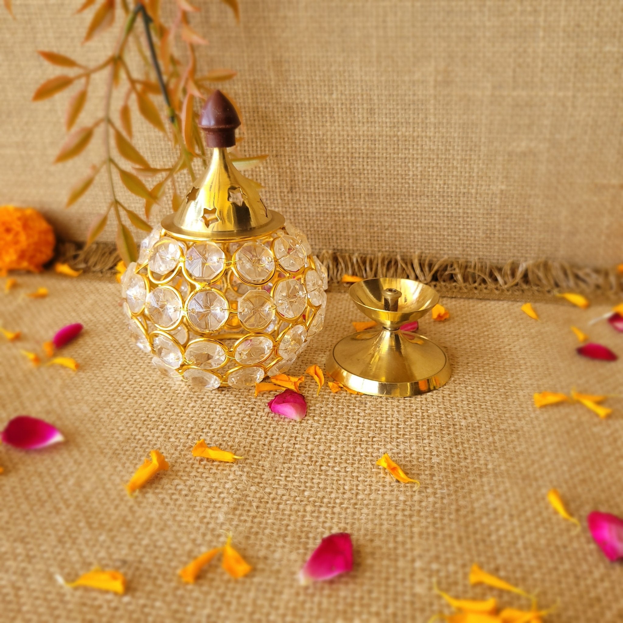 Gold Crystal Flower Glass Diya Holder - SweeDesi