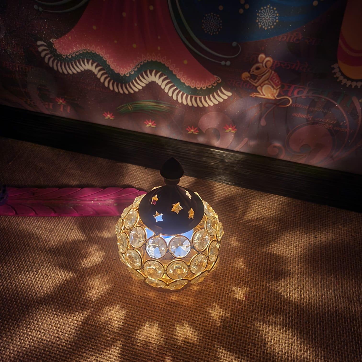 Gold Crystal Flower Glass Diya Holder - SweeDesi
