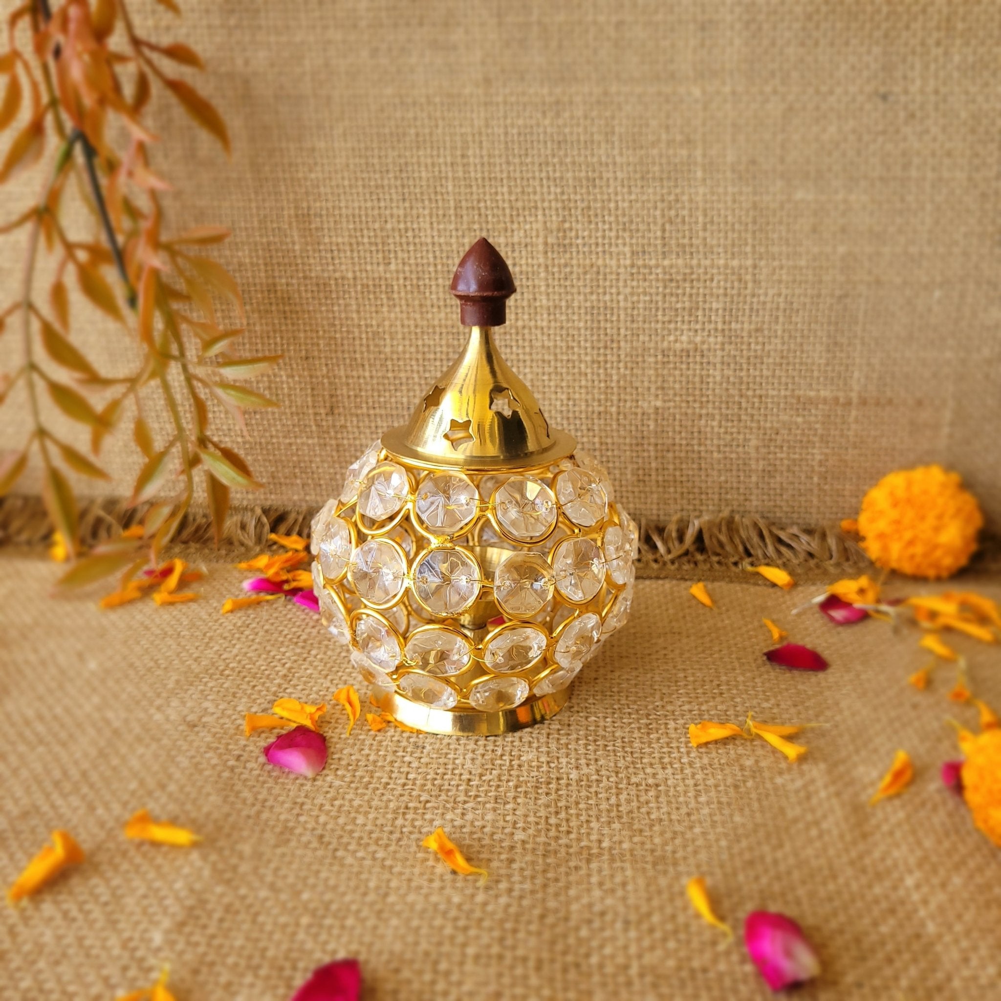 Gold Crystal Flower Glass Diya Holder - SweeDesi