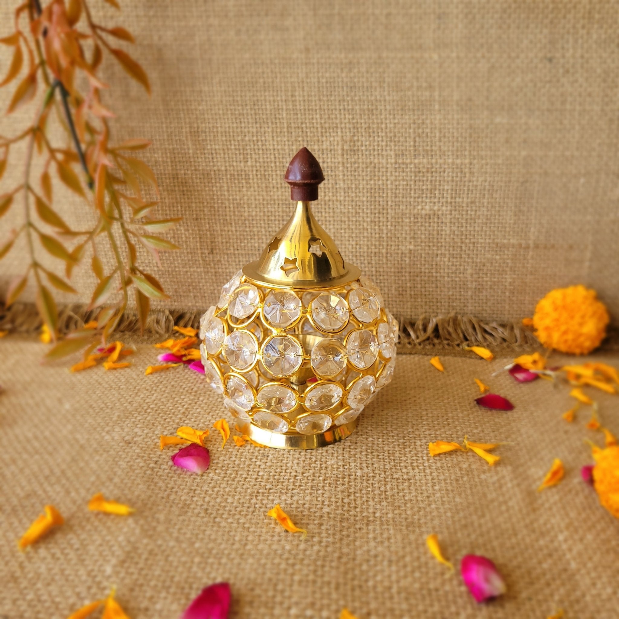 Gold Crystal Flower Glass Diya Holder - SweeDesi