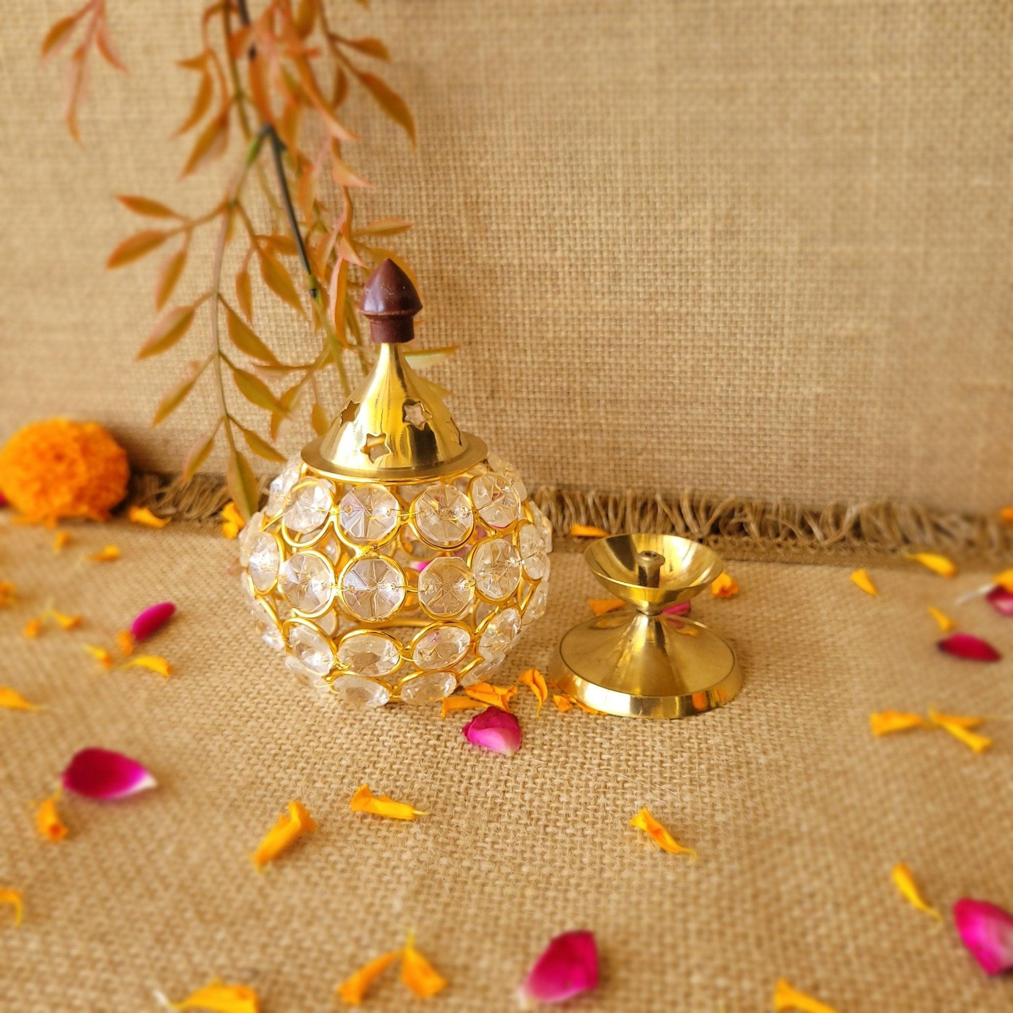 Gold Crystal Flower Glass Diya Holder - SweeDesi