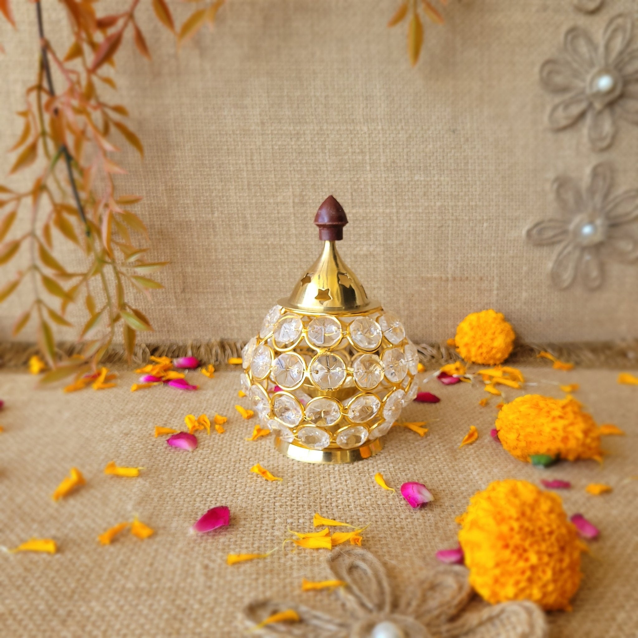 Gold Crystal Flower Glass Diya Holder - SweeDesi