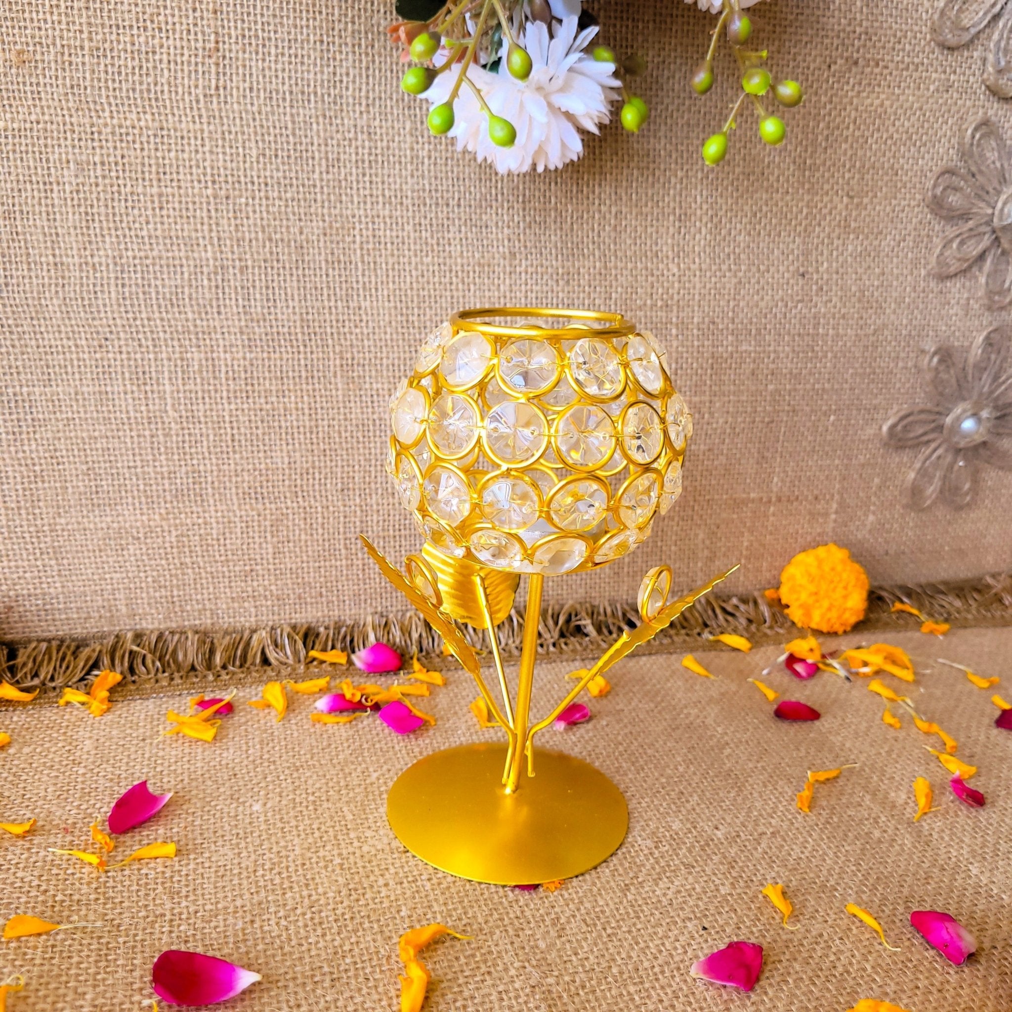 Gold Crystal Flower Glass Tea-Light Holder - SweeDesi