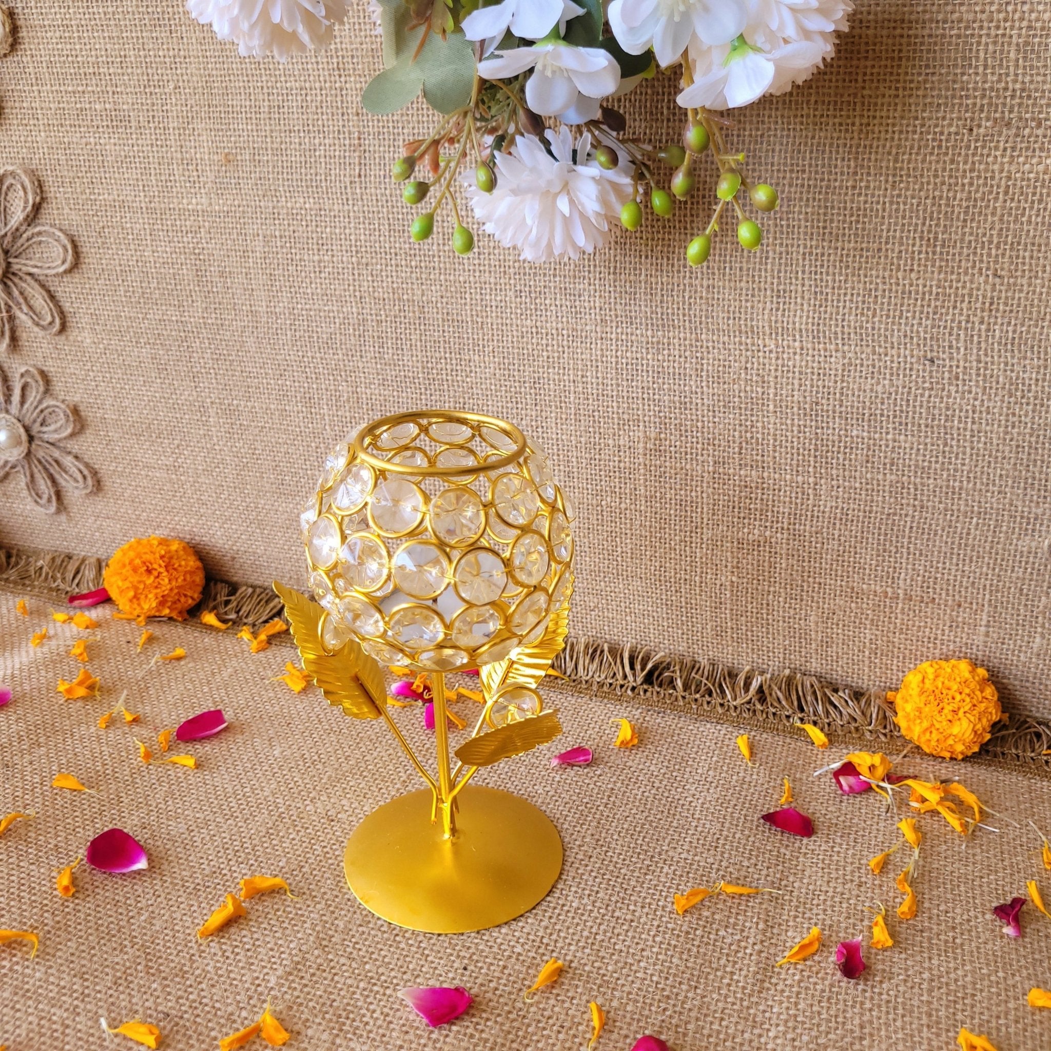 Gold Crystal Flower Glass Tea-Light Holder - SweeDesi